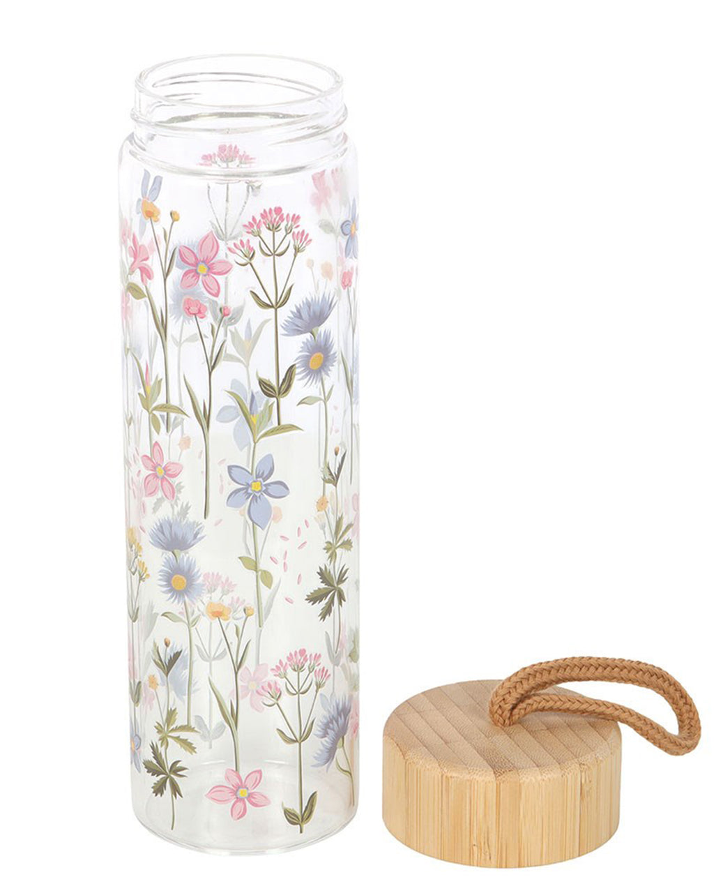 Rebel Romance Floral Print Glass Water Bottle with its bamboo lid removed. The 600ml clear glass bottle features a pastel wildflower print, blending pink, blue, yellow, and green hues. The bamboo lid has a handy rope loop for easy carrying, ideal for eco-conscious hydration.
