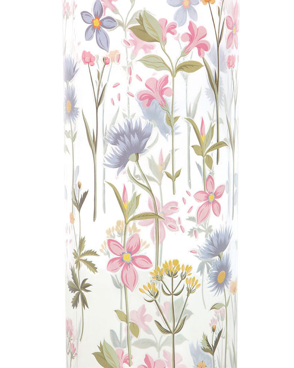 Close-up of the Floral Print Glass Water Bottle from Rebel Romance, showcasing its pastel wildflower design. Pink, blue, and yellow flowers with green leaves create a dreamy, springtime aesthetic. The design wraps around the clear glass bottle, making hydration look beautiful.