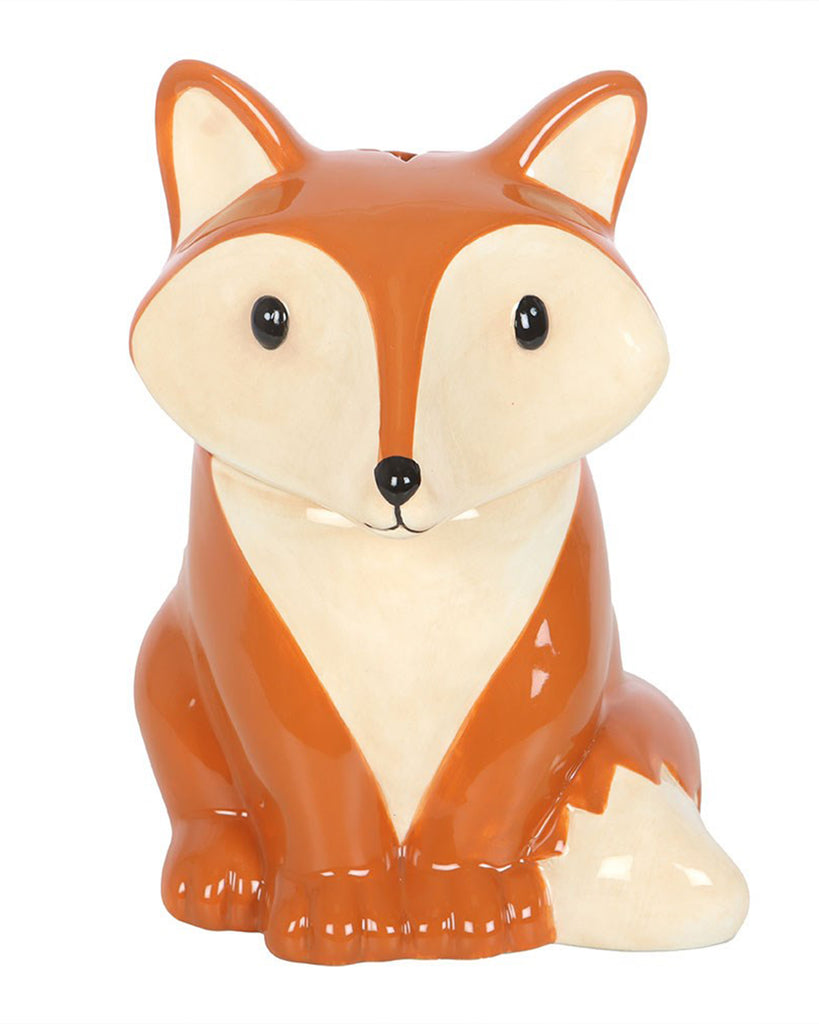 Front-facing view of the Rebel Romance fox oil burner and wax warmer. The cute ceramic fox features large black eyes and glossy orange and cream fur, making it a sweet and quirky home accessory.