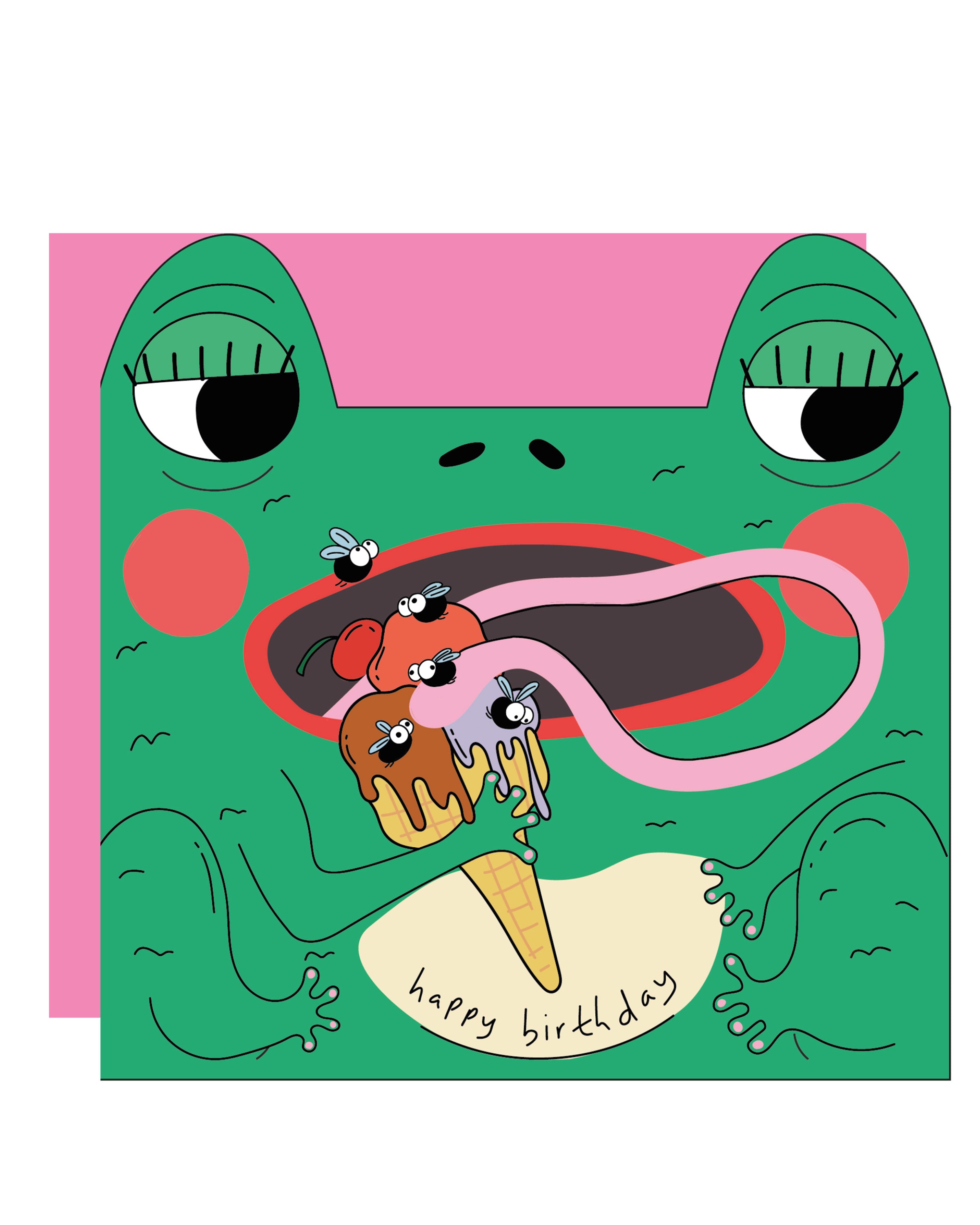 A square die‑cut greeting card featuring a green frog with big eyes and rosy cheeks, licking a triple‑scoop ice cream with flies on it. The words “happy birthday” are written at the bottom. Comes with a pink envelope.
