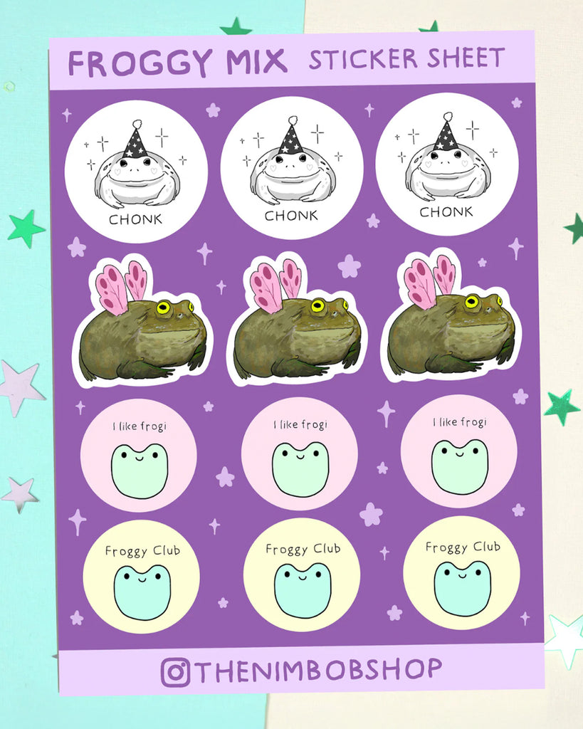 Froggy Mix Sticker Sheet by Nimbob, sold by Rebel Romance. A purple and pastel sticker sheet featuring 12 hand-drawn frog designs including party hat “CHONK” frogs, fairy wing frogs, and round smiling frog faces with text like “I like frogi” and “Froggy Club”. A whimsical collection perfect for decorating sketchbooks and laptops. Ideal for millennials into alternative style, cottagecore and dopamine dressing.