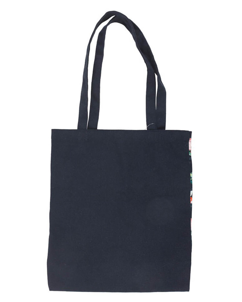 The reverse side of the tote bag, which is solid black with long matching handles, displayed against a white background.