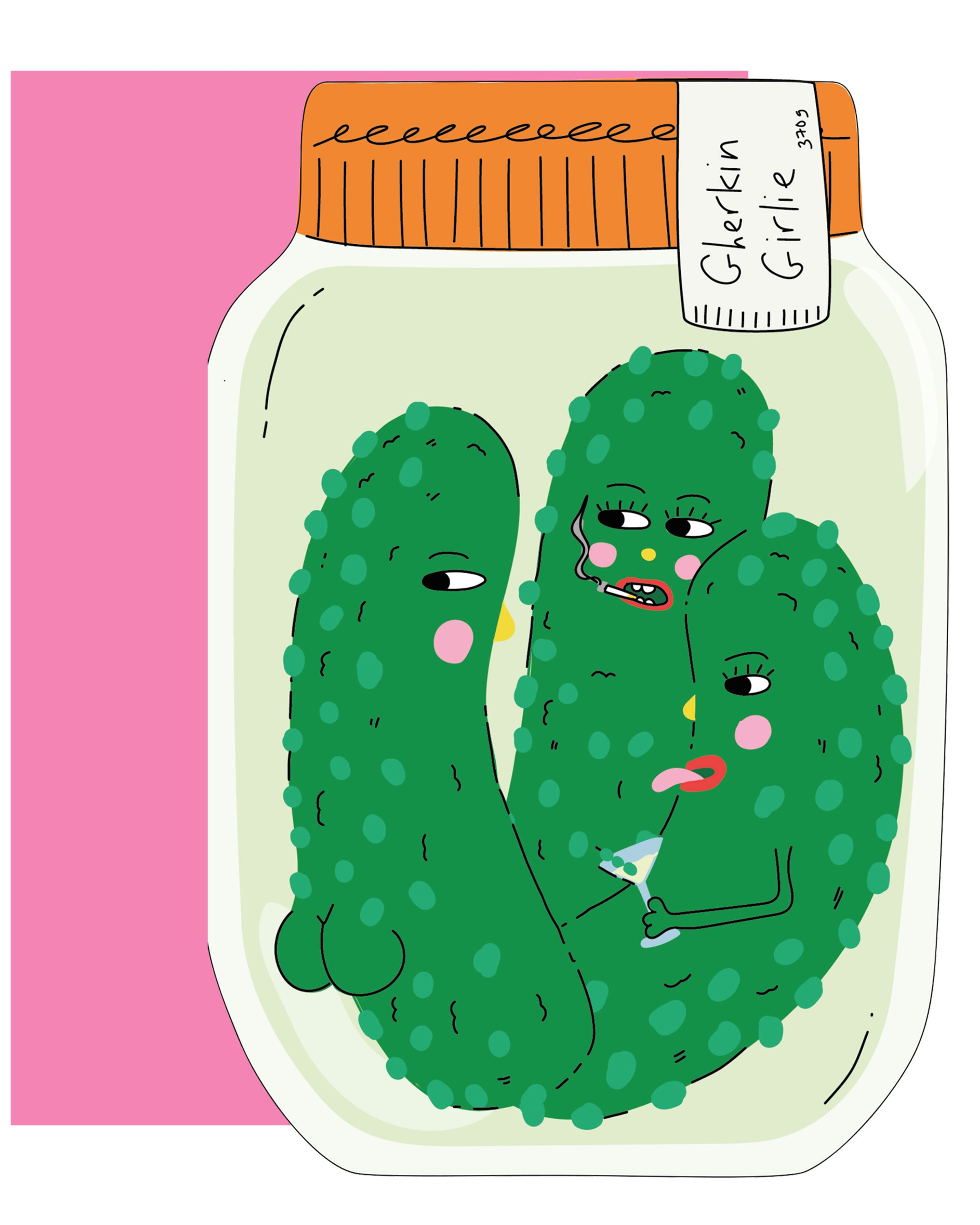 A fun die‑cut greeting card shaped like a cheeky green gherkin with bold facial features, part of Eat The Moon’s foodie collection. The card is shown with a plain brown Kraft envelope and features surprise artwork on the back.