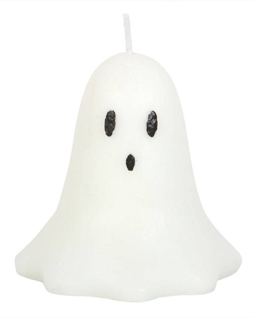 Front view of the Rebel Romance Unscented Ghost Candle with painted black eyes and mouth. Shaped like a cute little ghost, this white paraffin wax candle is perfect for Halloween aesthetics or as a gothic gift.
