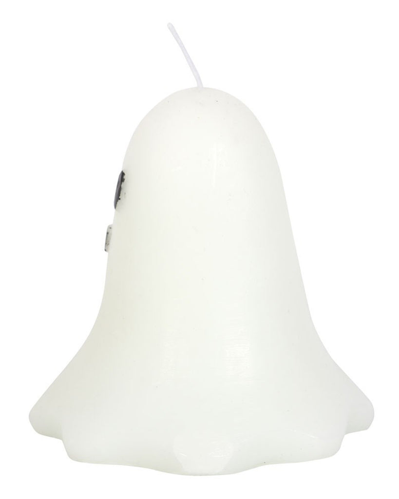 Side view of the Rebel Romance Unscented Ghost Candle showing its curved ghost shape and wick. This minimalist Halloween candle is vegan and ideal for alternative spooky home decor.