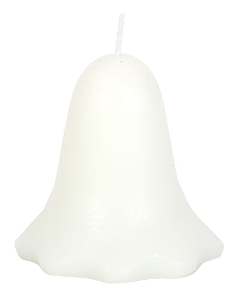 Back view of the Rebel Romance Unscented Ghost Candle without any facial features. The ghost-shaped candle is smooth, white, and made of paraffin wax, perfect for Halloween or spooky home accents.