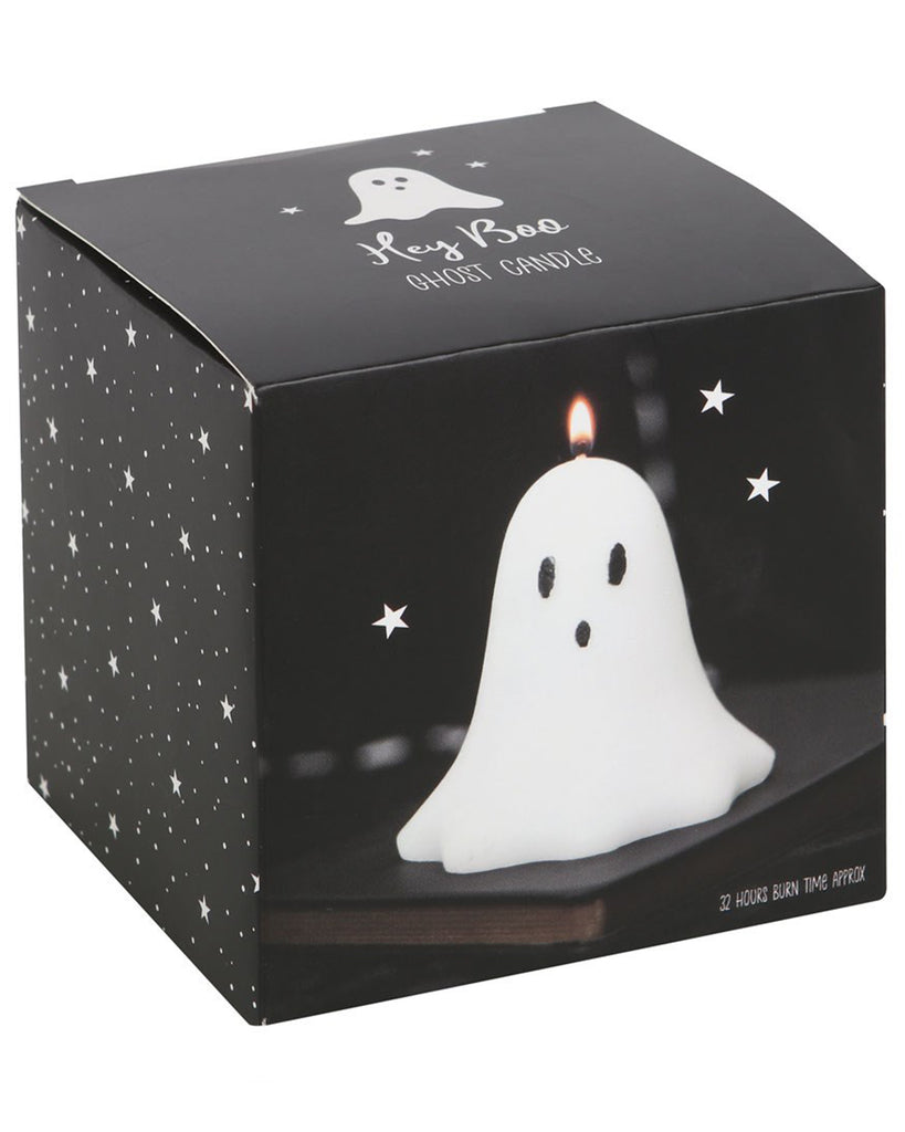 Box packaging for the Rebel Romance Unscented Ghost Candle. The box features a spooky ghost design with stars and a photo of the lit candle on a dark background. Ideal for Halloween gifting or gothic-themed decor lovers.