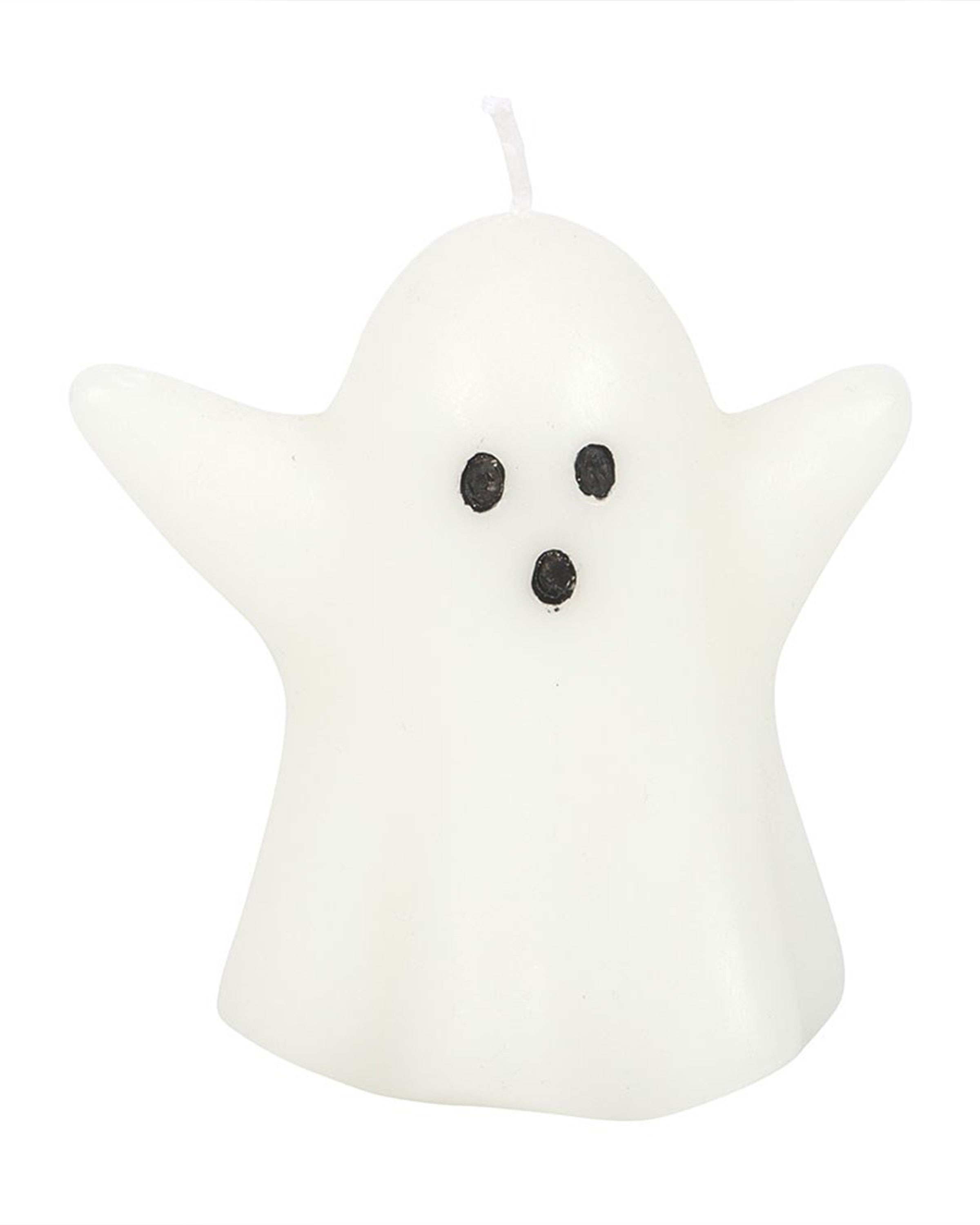 Front view of the Sweet Ghost Shaped Candle from Rebel Romance, with hand-painted black eyes and mouth on a smooth white wax body. A charming gothic touch to any spooky autumn décor.