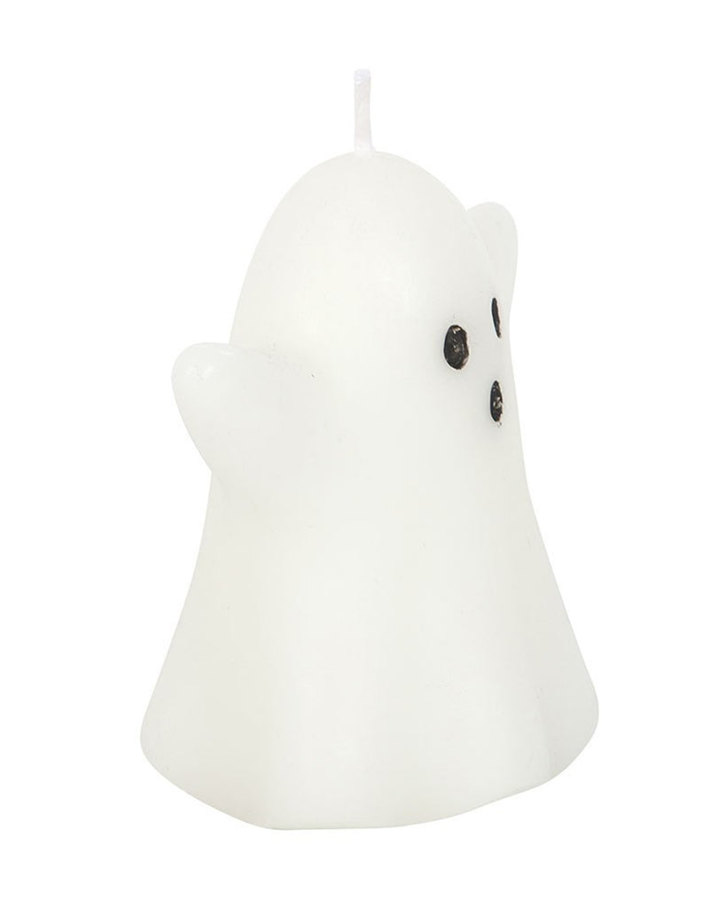 Side angle of the Sweet Ghost Shaped Candle showing its adorable face and chubby ghost shape. Made from unscented paraffin wax, ideal for Halloween lovers and alternative aesthetic fans.
