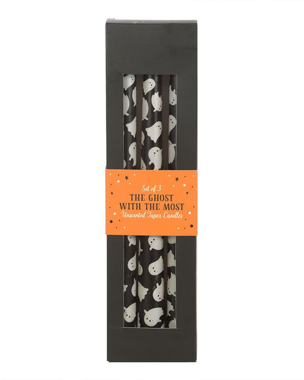 Boxed set of three Rebel Romance ghost print taper candles with an orange Halloween-themed label that reads “The Ghost With The Most.” Packaged in black, this trio is a spooky season must-have for gifting or setting the scene at home.