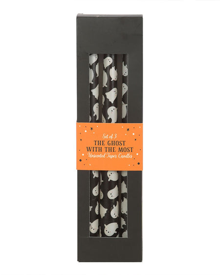 Boxed set of three Rebel Romance ghost print taper candles with an orange Halloween-themed label that reads “The Ghost With The Most.” Packaged in black, this trio is a spooky season must-have for gifting or setting the scene at home.