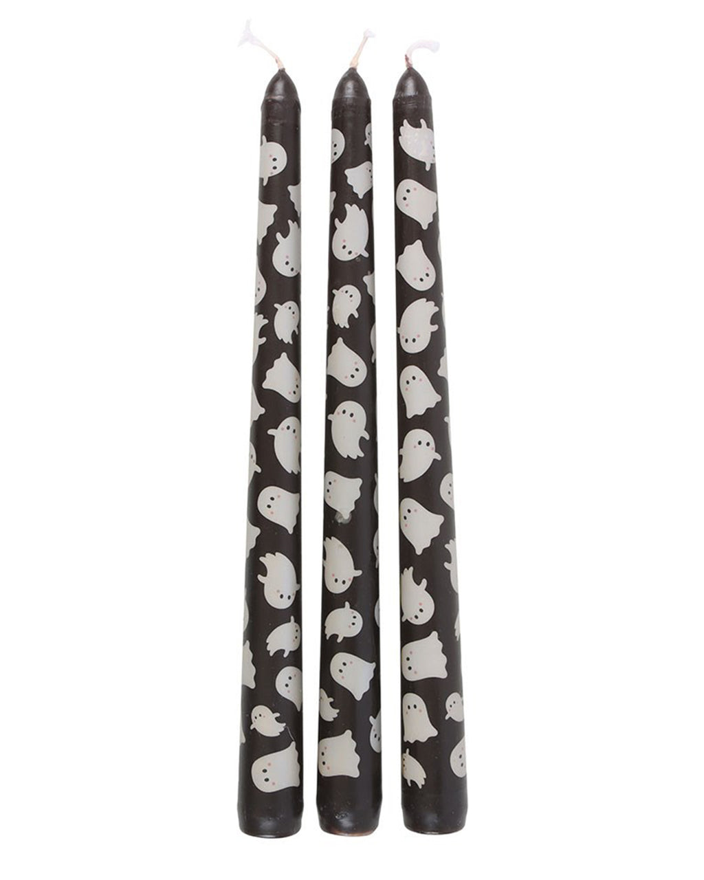 Set of three ghost print taper candles by Rebel Romance displayed side by side. The unscented black candles are decorated with a repeat pattern of cheerful white ghosts, ideal for adding a fun and festive touch to Halloween dinner parties or alternative home styling.
