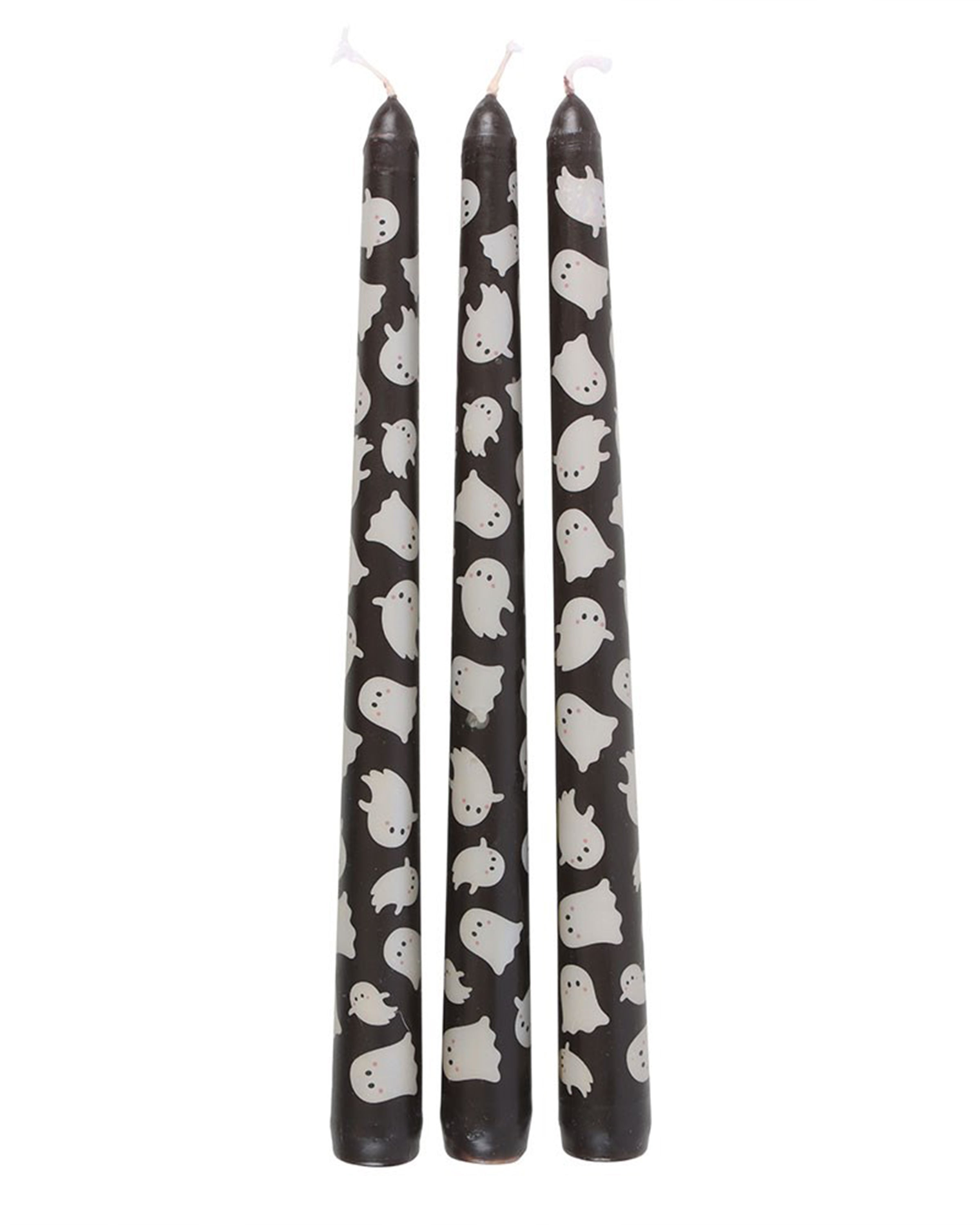 Set of three ghost print taper candles by Rebel Romance displayed side by side. The unscented black candles are decorated with a repeat pattern of cheerful white ghosts, ideal for adding a fun and festive touch to Halloween dinner parties or alternative home styling.