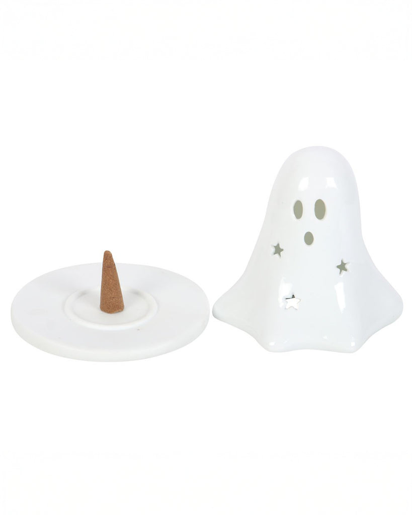 A white ceramic ghost figure shown with an incense cone inside its matching base, demonstrating the dual functionality as a tealight and incense holder. A perfect alternative home décor gift from Rebel Romance UK, especially for Halloween.