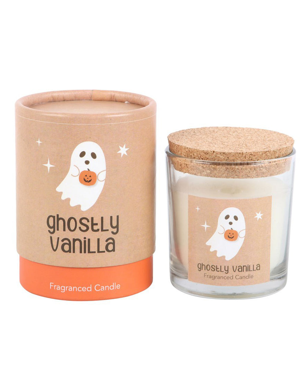 Ghostly Vanilla Candle and its packaging side by side, showcasing the eco-friendly, gift-ready design.