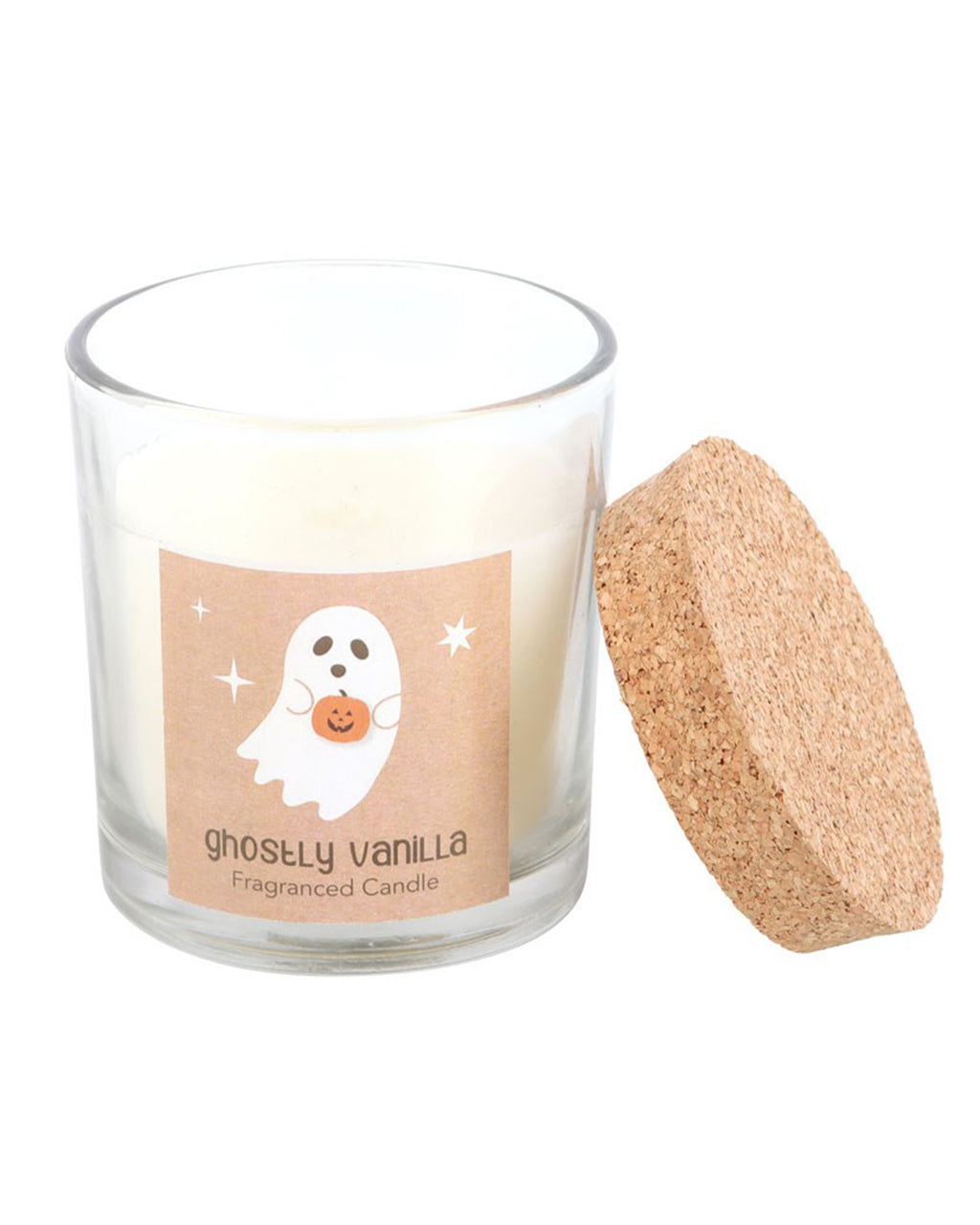 Open Ghostly Vanilla Candle in a glass jar with a cork lid. The white wax is vegan paraffin and infused with a sweet vanilla scent.