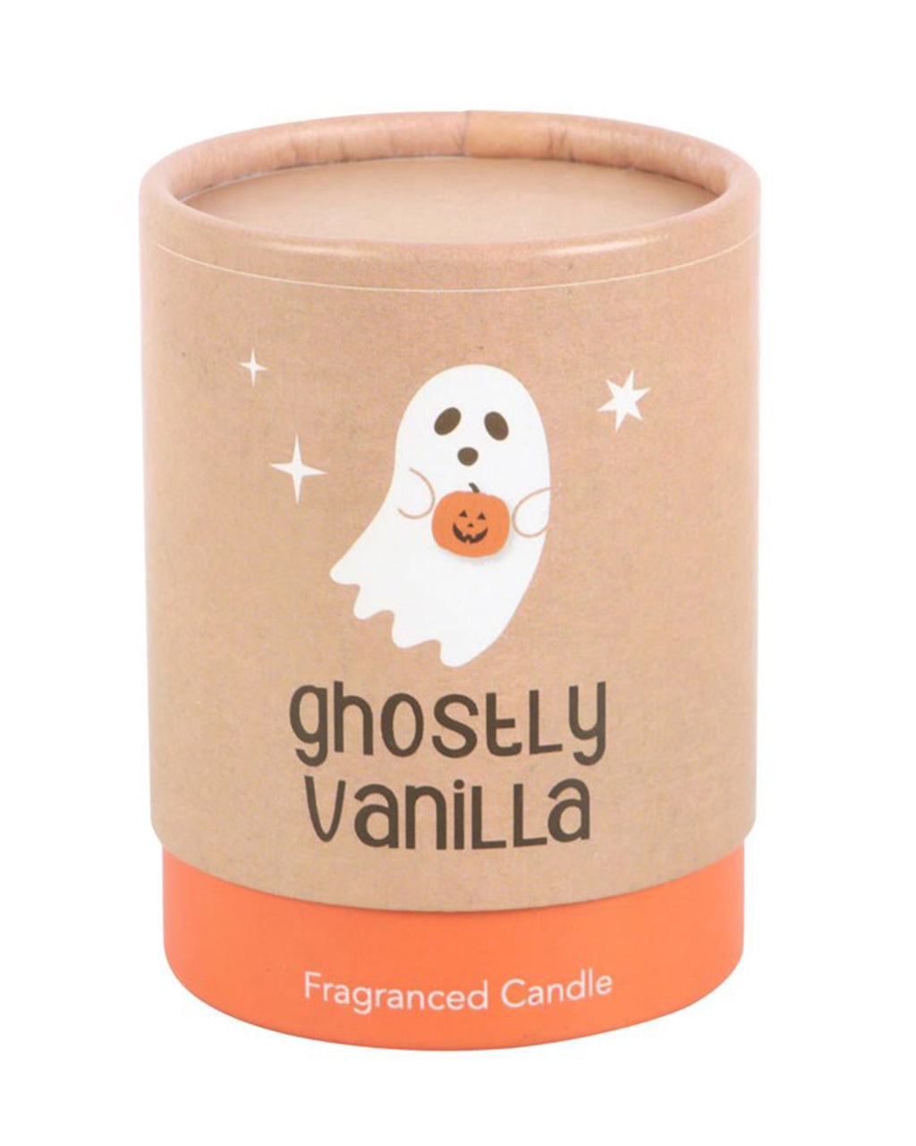 Ghostly Vanilla Candle packaging, featuring a retro ghost design on a kraft paper background with 