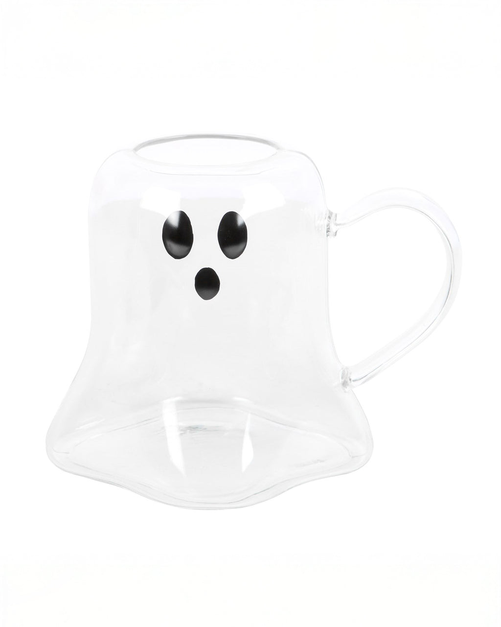 A clear ghost-shaped glass mug from Rebel Romance with a cute black ghost face. Its transparent design allows the drink inside to form the ghost’s body, making it a fun and unique way to serve hot or cold beverages.