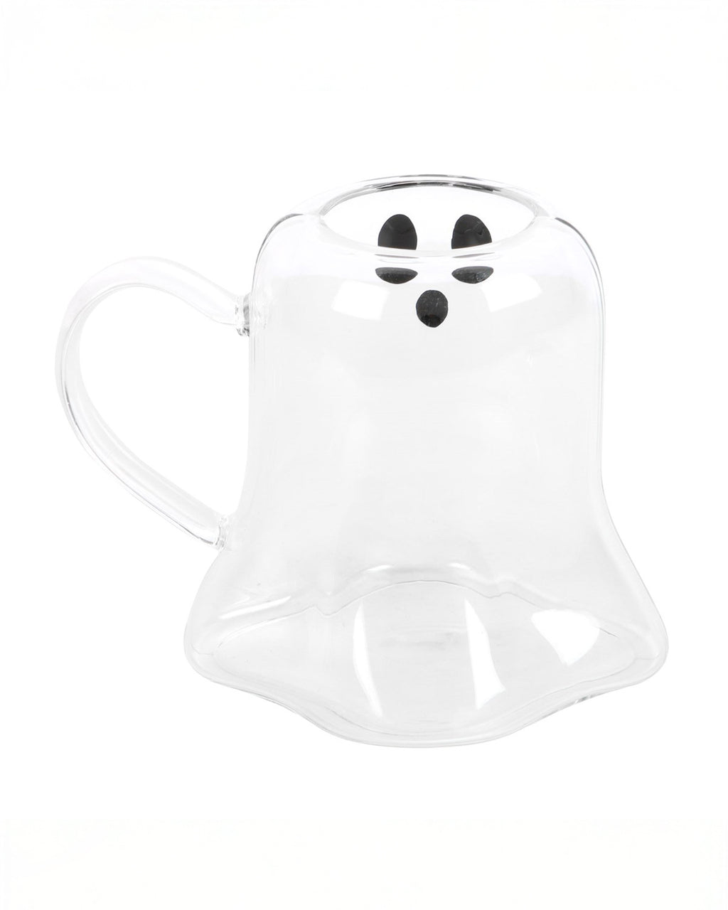 A rear view of the Ghost Shaped Glass Mug from Rebel Romance, showcasing its smooth, wavy ghostly shape and a sturdy clear handle. The minimalistic yet spooky aesthetic makes it perfect for Halloween lovers.