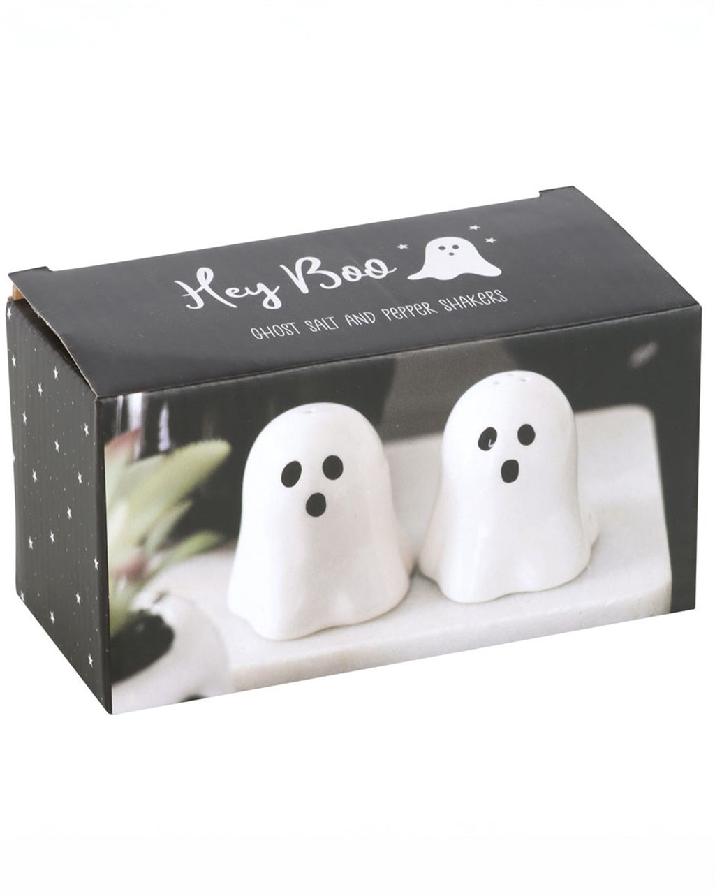 The packaging for the Ghost Salt & Pepper Shaker Set from the spooky gift shop Rebel Romance. The black box features a spooky yet cute ghost design with the phrase 