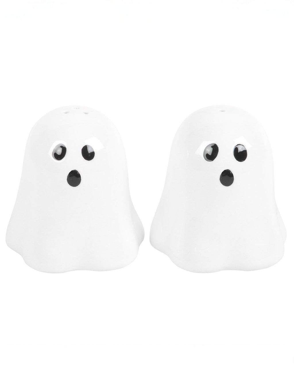 A set of two ghost-shaped ceramic salt and pepper shakers from the alternative gift shop Rebel Romance, featuring cute black eyes and an 