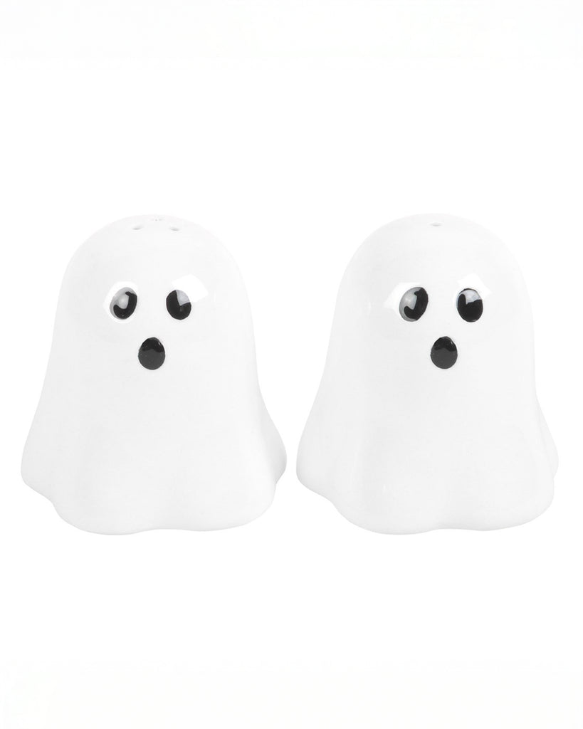 Front view of Rebel Romance's ghost-shaped salt and pepper shakers with wide eyes and little mouths. A fun and spooky touch for Halloween meals.