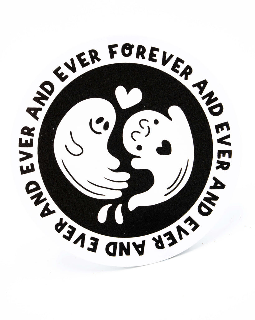 Circular design vinyl sticker from Yasmin Cousins with two ghost figures holding hands and hearts, surrounded by 'Ever and Ever and Ever and Ever and Ever and Ever and Ever and Ever and Ever and Ever'. A good gothic gift idea.