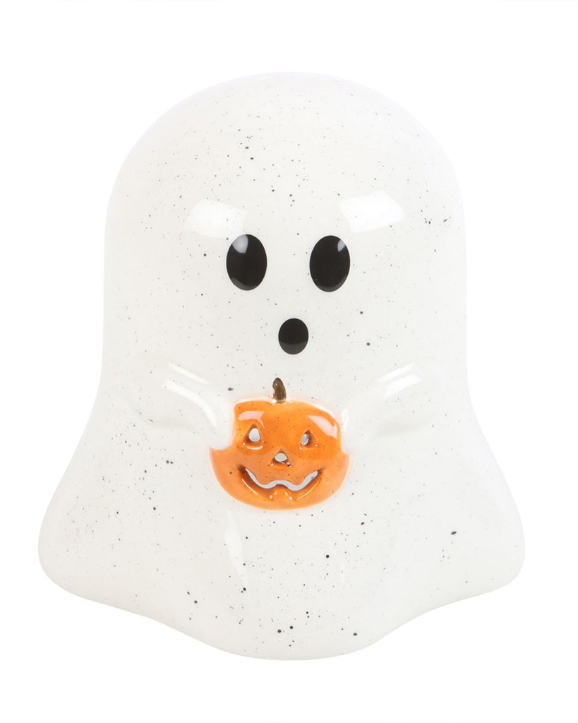 Front-facing ceramic ghost tealight holder from Rebel Romance, holding an orange jack-o’-lantern. Features a cute and spooky expression, ideal for Halloween displays and alternative home décor.