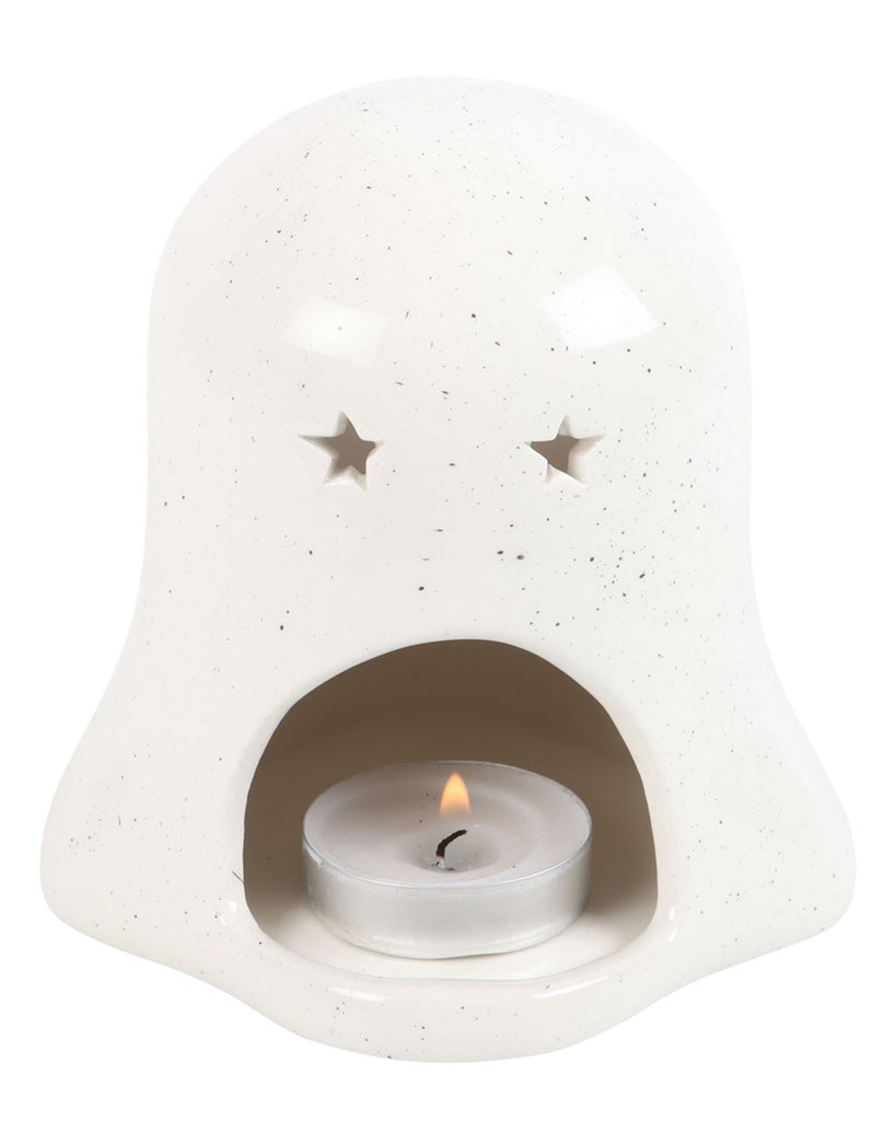 Rear view of Rebel Romance’s ghost-shaped ceramic tealight holder with cut-out star eyes, glowing from a lit candle inside. A whimsical and spooky accessory perfect for Halloween home décor or alternative interiors.