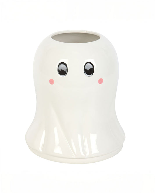 Front view of the Rebel Romance Sweet Ghost Flower Vase showing both cartoon-style eyes and pink cheeks, perfect for Halloween or year-round alternative home décor.