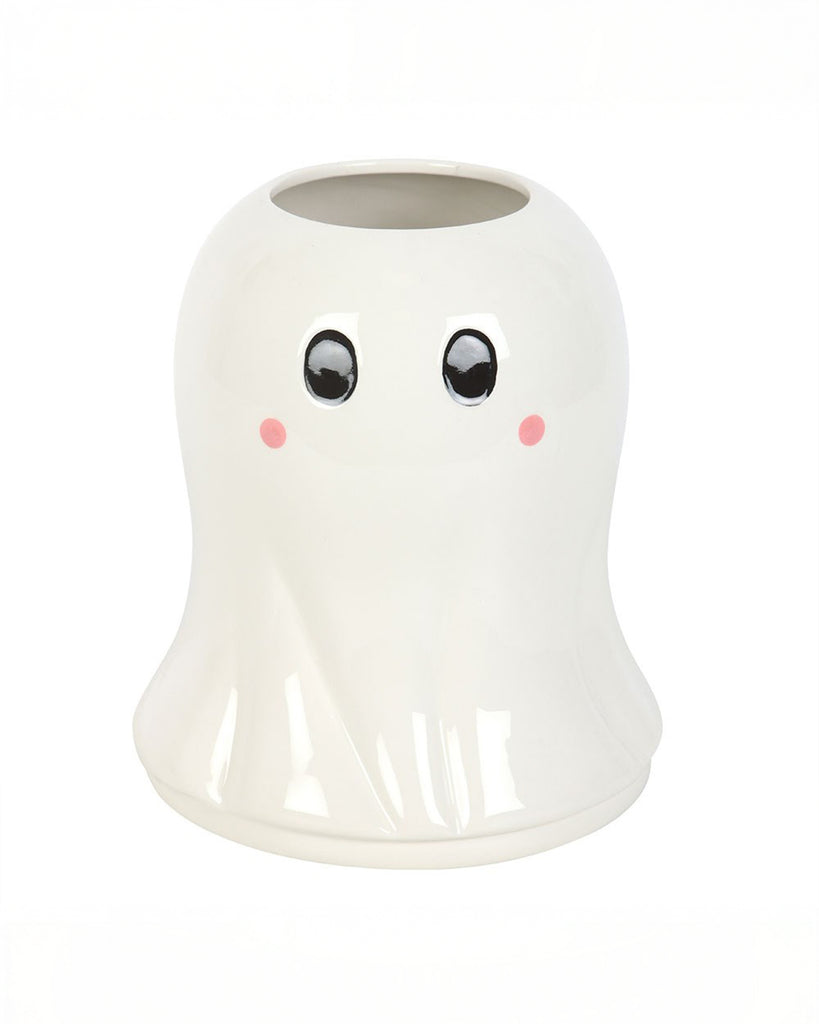 Front view of the Rebel Romance Sweet Ghost Flower Vase showing both cartoon-style eyes and pink cheeks, perfect for Halloween or year-round alternative home décor.