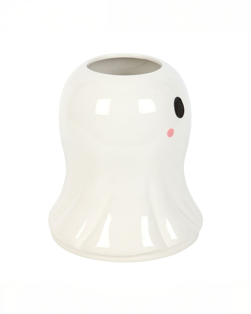 Side angle of the Rebel Romance Sweet Ghost Flower Vase featuring one eye and a rosy cheek, showcasing the cute ghost face design in white ceramic with subtle curves.