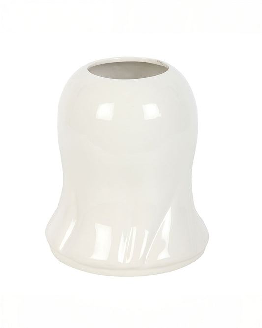 Back view of the Rebel Romance Sweet Ghost Flower Vase showing its smooth, glossy white ceramic finish with a flared base and open top for arranging flowers or decorative stems.