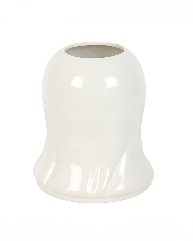 Back view of the Rebel Romance Sweet Ghost Flower Vase showing its smooth, glossy white ceramic finish with a flared base and open top for arranging flowers or decorative stems.