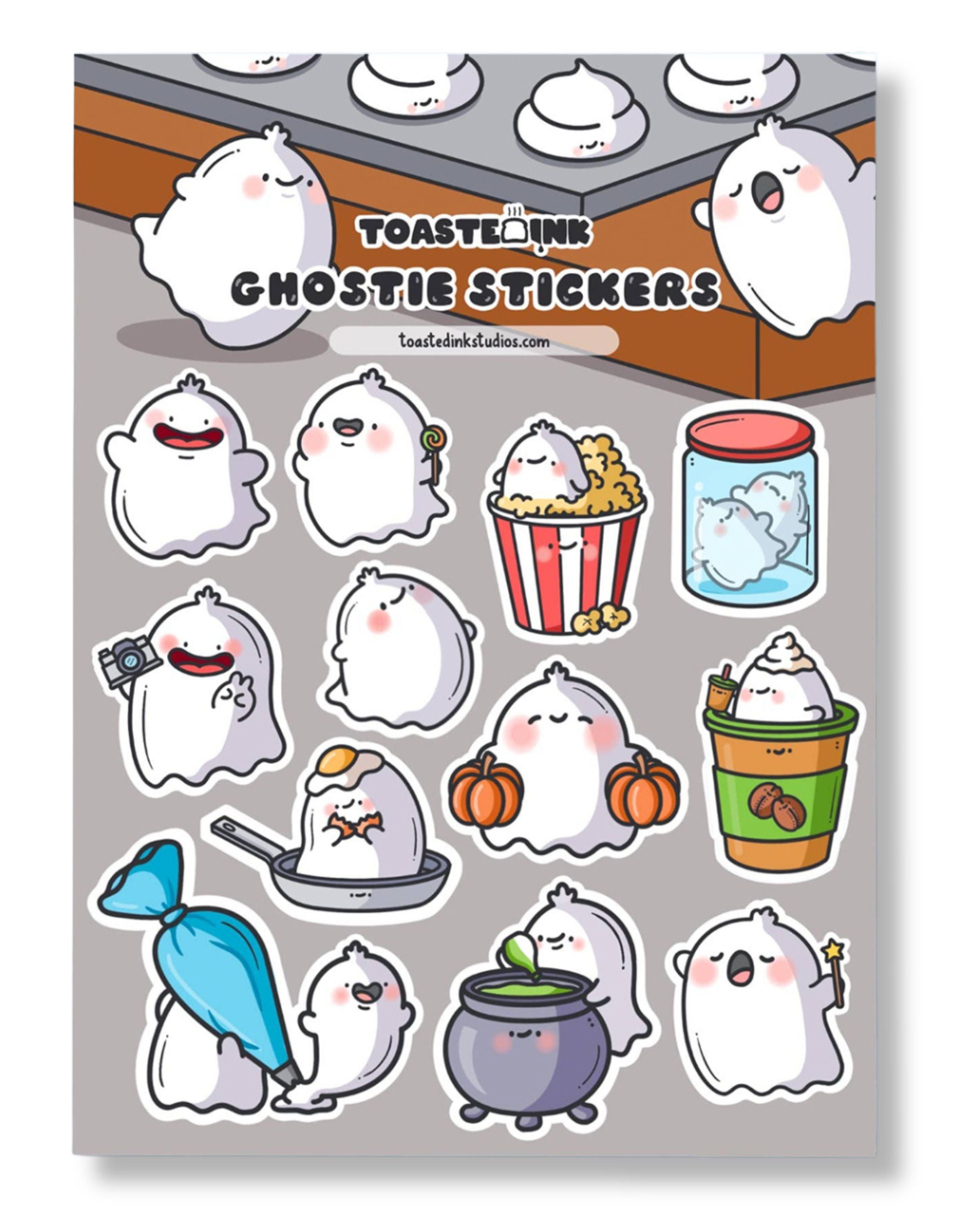 Full view of Toastedink’s ghostie sticker sheet on grey background. Includes kawaii ghost designs like ghosts in jars, sipping lattes, and popping out of cauldrons. Sold by Rebel Romance, an indie UK brand for alternative stationery and gifts.