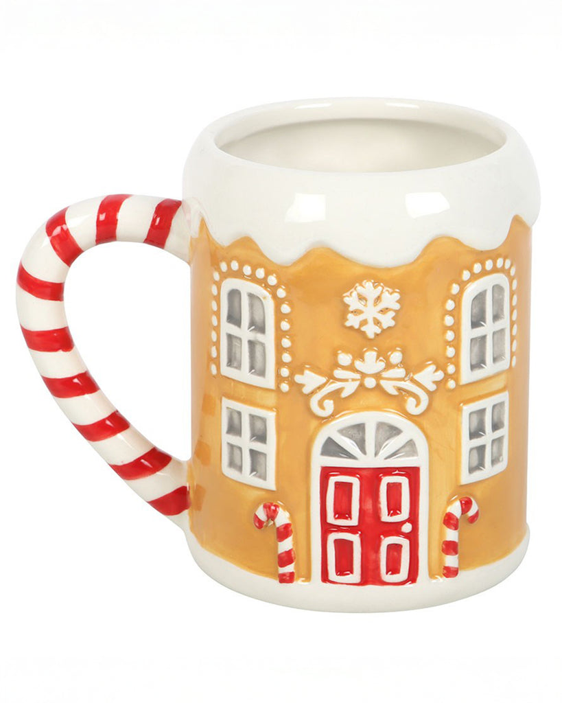 Front view of the Rebel Romance Candy Cane Gingerbread House Mug, decorated with white icing windows, a red door, candy canes and snowflake details. A whimsical ceramic Christmas mug, ideal for seasonal drinks and gifts.