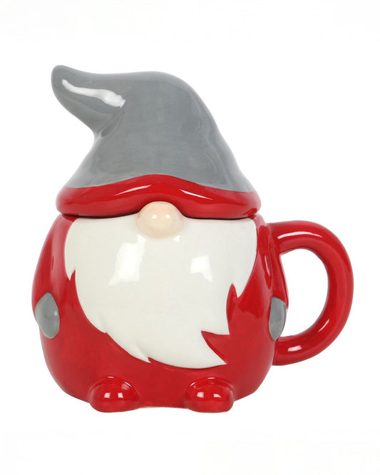  Front-facing view of the festive gonk mug with hat lid on, complete with a cute round nose and fluffy beard detail.