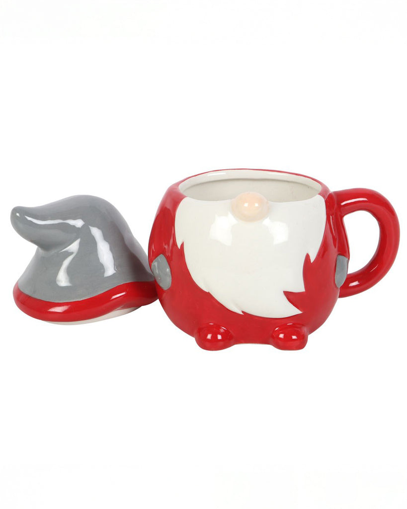Red gnome mug with the lid removed, revealing the inside ready to fill with tea or hot chocolate.