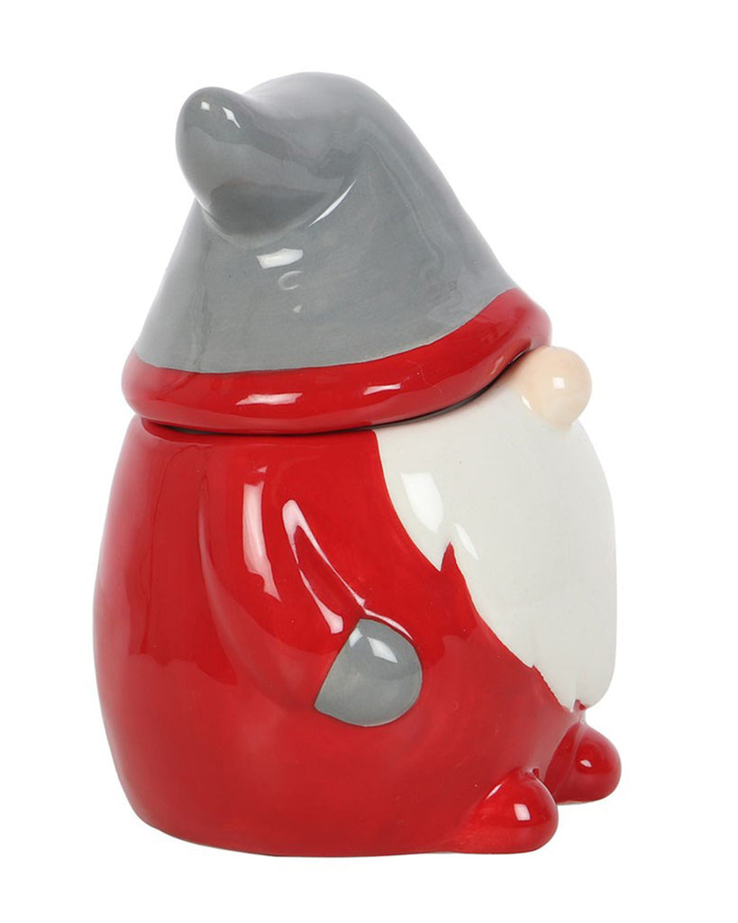 Back view of the red and grey gonk lidded mug showing its hat-shaped lid and festive red coat.