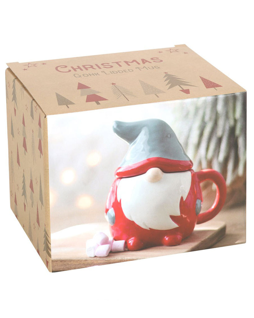 Christmas gonk-themed gift box showing a red and grey ceramic lidded mug with festive tree illustrations on the packaging.