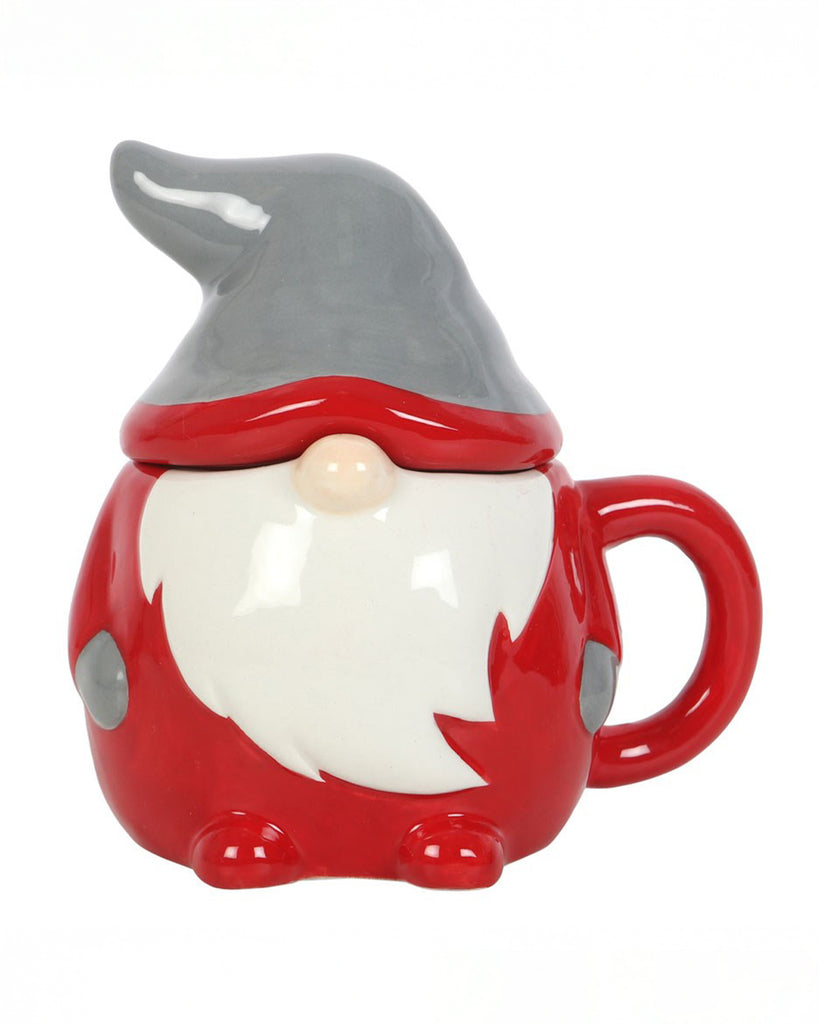  Front-facing view of the festive gonk mug with hat lid on, complete with a cute round nose and fluffy beard detail.