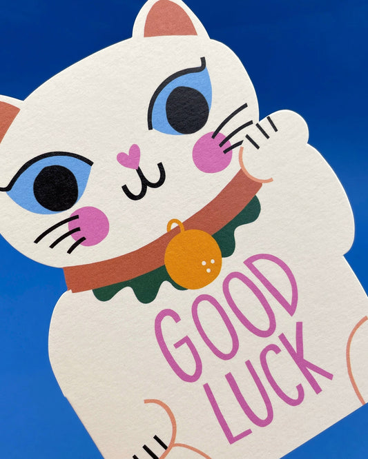 Good Luck Cat mini card by Raspberry Blossom, die-cut into a waving lucky cat design with bold colourful details, made in the UK