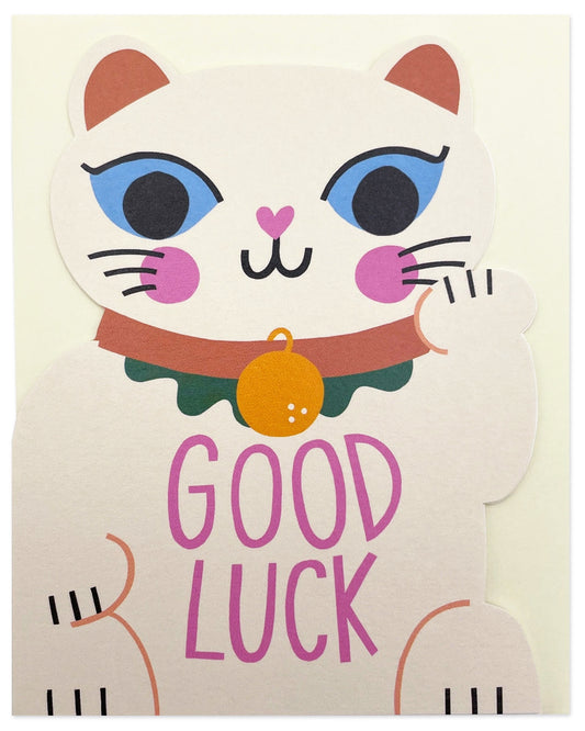 Good Luck Cat mini card by Raspberry Blossom, die-cut into a waving lucky cat design with bold colourful details, made in the UK