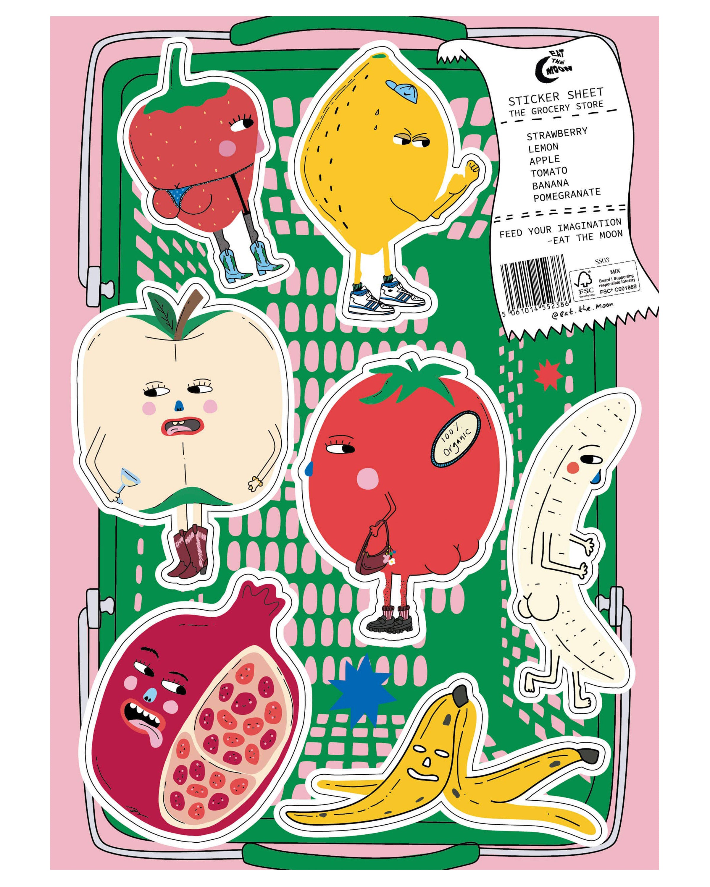 A5 sticker sheet featuring illustrated deli foods, including gherkins in a jar, a wedge of brie, a bottle of wine, a tin of olives, a sausage, a pasta bow, an oyster and a matchbox, all with fun faces. Perfect for decorating stationery and gadgets.