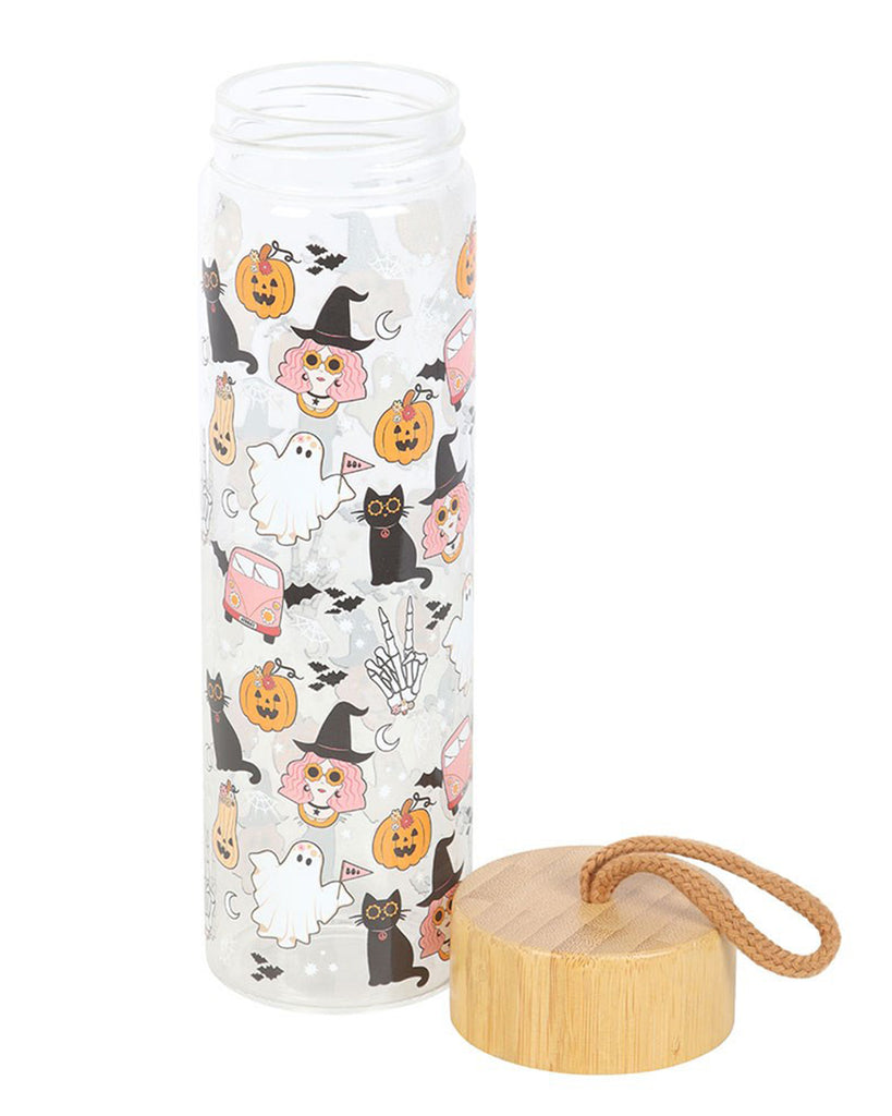 Rebel Romance Groovy Ghost Print Glass Water Bottle with bamboo lid off, revealing the wide bottle opening. Covered in retro-style Halloween illustrations including pumpkins, ghosts, cats and witches. A reusable eco-friendly bottle with playful flair.