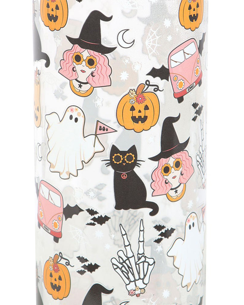 Close-up of Rebel Romance’s Groovy Ghost Print Glass Water Bottle showing Halloween-themed illustrations including pink-haired witches, peace-sign skeleton hands, pumpkins, bats, black cats, ghosts, and retro vans. Fun, nostalgic, and perfect for spooky season.