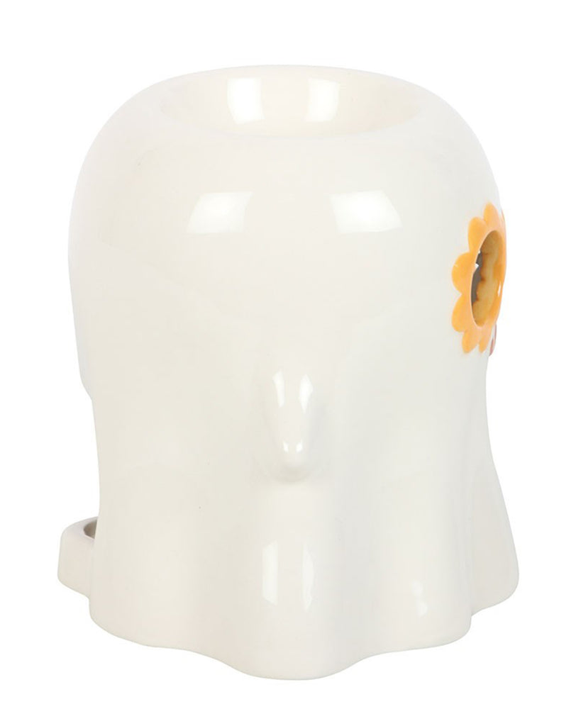 Side view of the Groovy Ghost wax warmer showing one flower-shaped sunglass and the edge of the back opening, styled in a retro Halloween theme. A quirky home accessory from Rebel Romance.