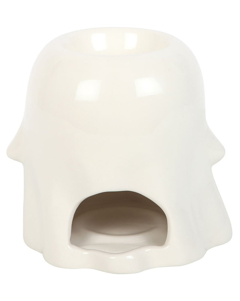 Back view of the Groovy Ghost oil burner showing the open cavity for placing a tealight. The burner is shaped like a ghost with smooth white ceramic finish, available at Rebel Romance.