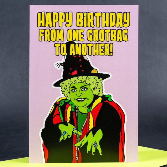  A humorous birthday card showcasing Grotbags, a bright green witch in colourful robes, with the caption “Happy Birthday from one Grotbag to another!” in bold yellow font. The pastel pink background complements the vibrant character.