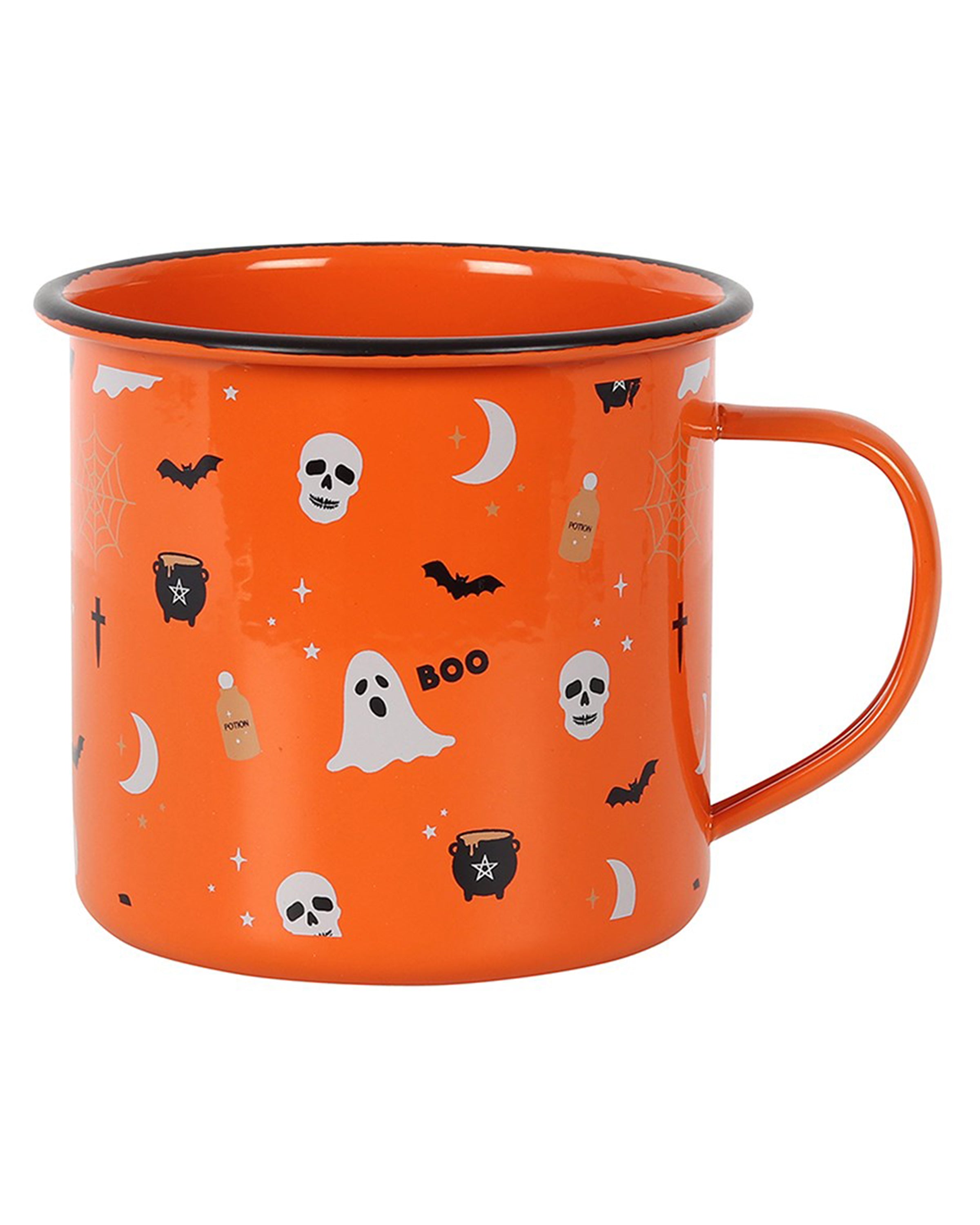 Close-up of Rebel Romance’s Halloween Print Enamel Mug in bright orange, featuring a “Boo” ghost, skulls, cauldrons, crescent moons, bats and potion bottles. A playful gothic cup ideal for Halloween drinks or witchy kitchen décor.